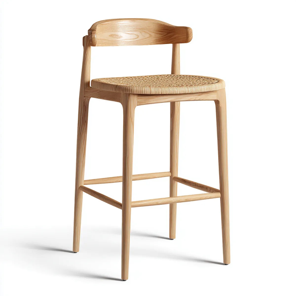 Tabouret de bar avec dossier en bois massif de frêne naturel et assise tressée 45 x 48 x 95 cm