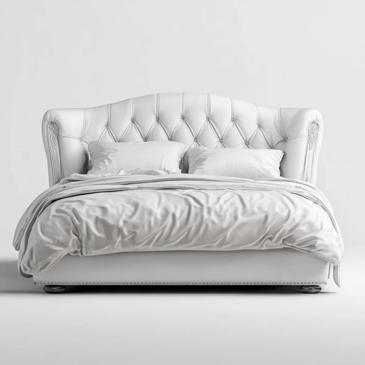 Lit double capitonné blanc 160 x 200 cm en cuir synthétique PU à tête de lit incurvée