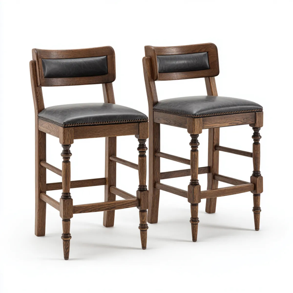 Lot de 2 tabourets de bar marron et noir en bois massif avec assise en cuir PU 48 x 55 x 110 cm