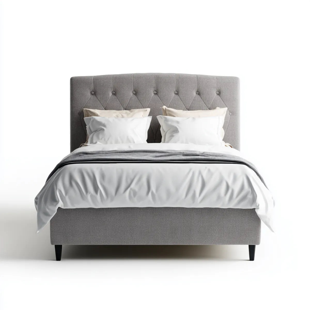 Lit double capitonné gris 160 x 200 cm en polyester et contreplaqué rectangulaire 172 x 212 x 110 cm